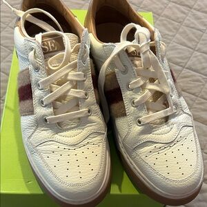 Sam Edelman White Leather Sneakers with Brown and Burgundy Plaid